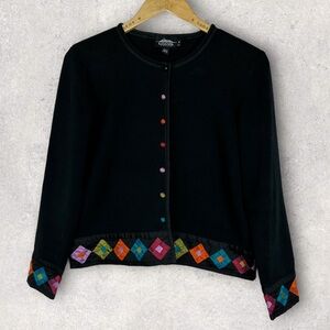 Icelandic Design Silk Embroidered Quilt Knit Cardigan Sweater Black Size Medium‎